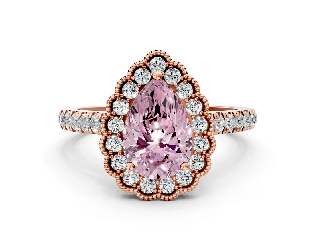 Rose gold Fancy Pink Pear  Cut Diamond Milgrain Floral Halo Engagement Ring with Pavé Band_15