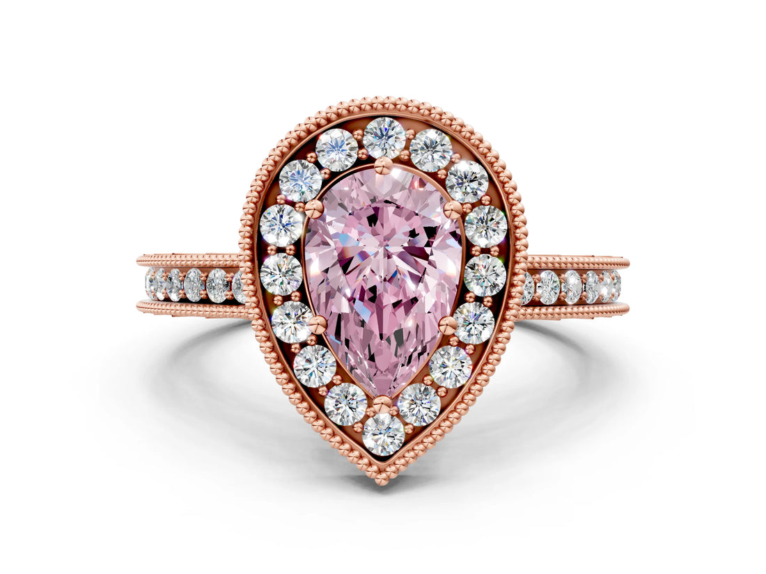Rose gold Fancy Pink Pear Cut Diamond Milgrain Halo Engagement Ring with Round Pavé Band and Prong Setting_12