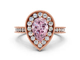 Rose gold Fancy Pink Pear Cut Diamond Milgrain Halo Engagement Ring with Round Pavé Band and Prong Setting_12