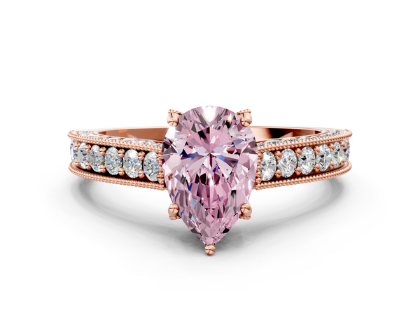 Rose gold Fancy Pink Pear  Cut Diamond Solitaire Ring with Milgrain Pave Band and Four Prong Setting