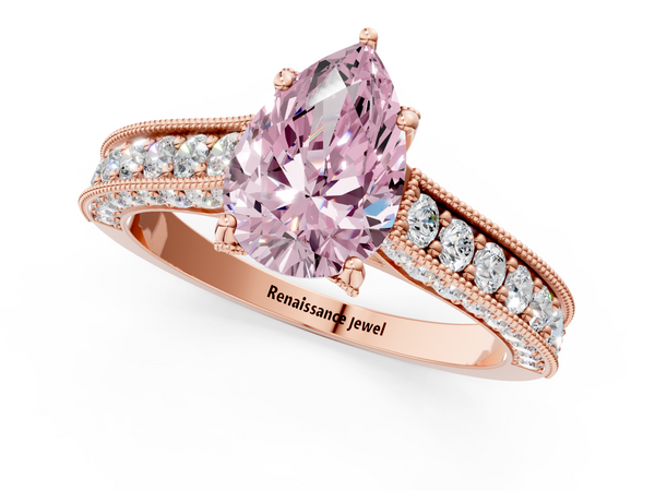 Rose gold Fancy Pink Pear  Cut Diamond Solitaire Ring with Milgrain Pave Band and Four Prong Setting