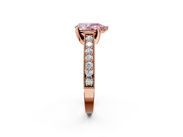 Rose gold Fancy Pink Pear  Cut Diamond Solitaire Ring with Milgrain Pave Band and Four Prong Setting