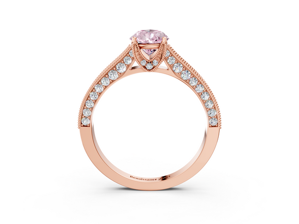 Rose gold Fancy Pink Pear  Cut Diamond Solitaire Ring with Milgrain Pave Band and Four Prong Setting