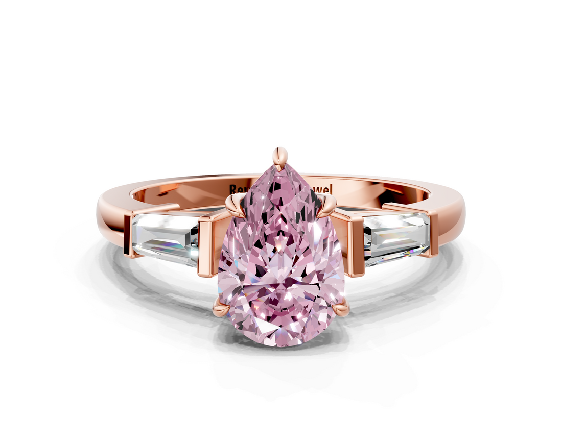 Rose gold Fancy Pink Pear  Cut Diamond Ring with Tapered Baguette Side Stones in Four-Prong Setting_3