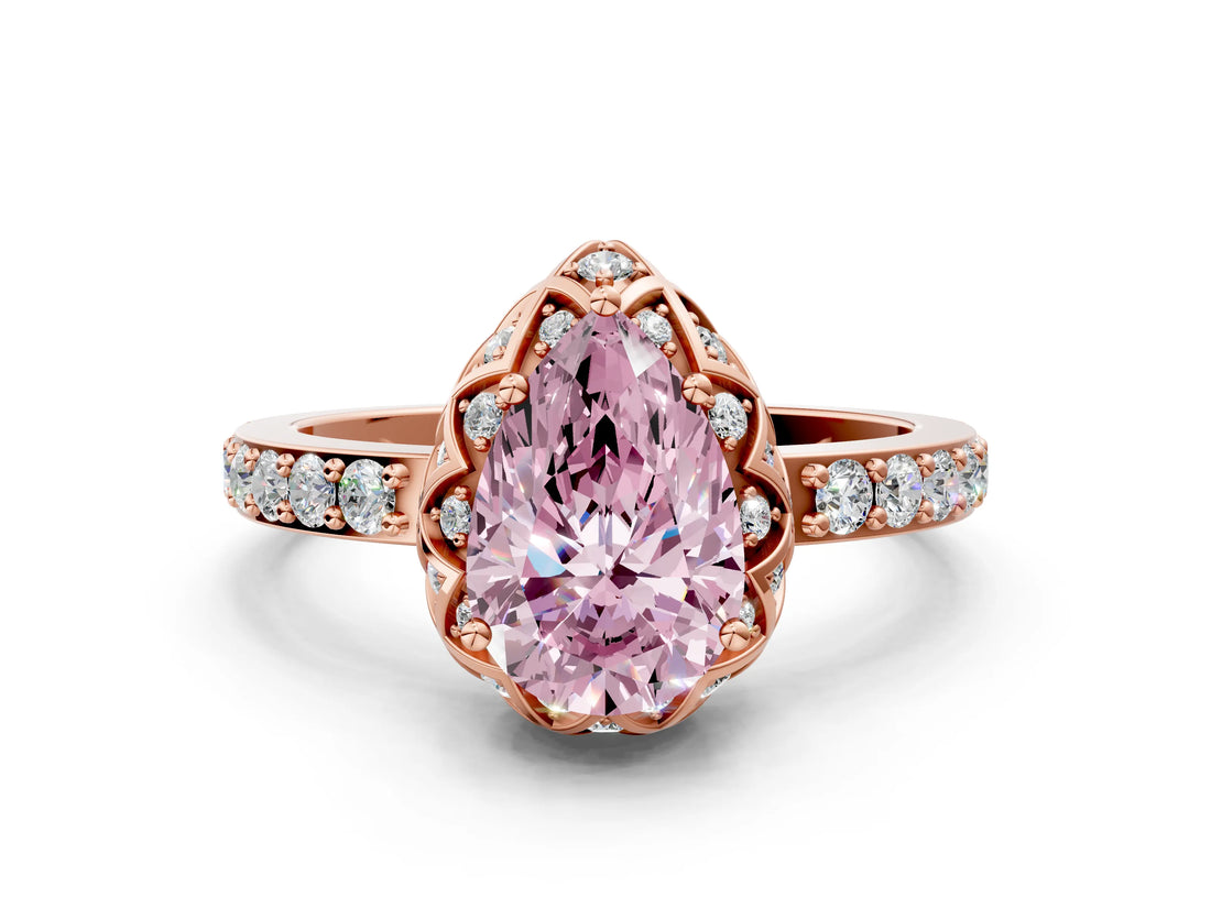Rose gold Fancy Pink Pear Cut Diamond Scalloped Halo Engagement Ring with Round Shared Prong Band_12