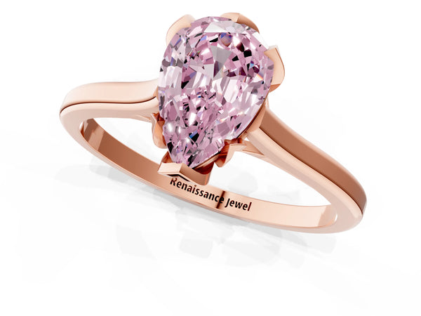 Rose gold Fancy Pink Pear Cut Diamond Solitaire Ring with Flower Prong Setting and Classic Band