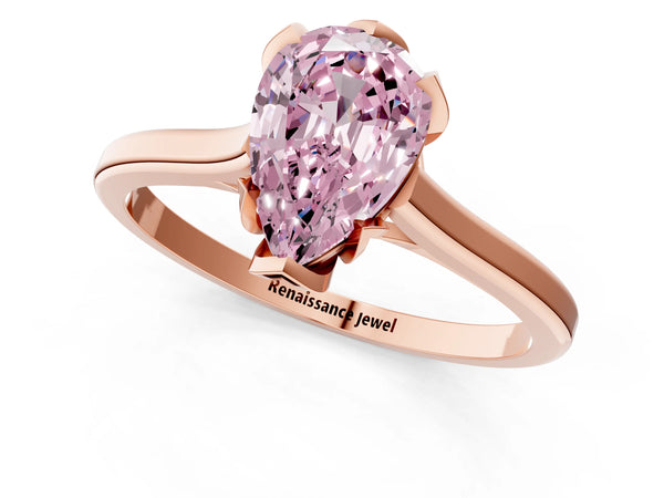 Rose gold Fancy Pink Pear Cut Diamond Solitaire Ring with Flower Prong Setting and Classic Band