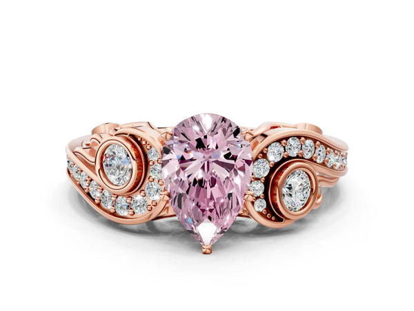 Rose gold Fancy Pink Pear Cut Diamond Solitaire Ring with Milgrain Pavé Band and Four-Prong Setting