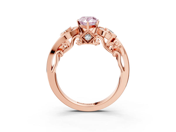 Rose gold Fancy Pink Pear Cut Diamond Solitaire Ring with Milgrain Pavé Band and Four-Prong Setting