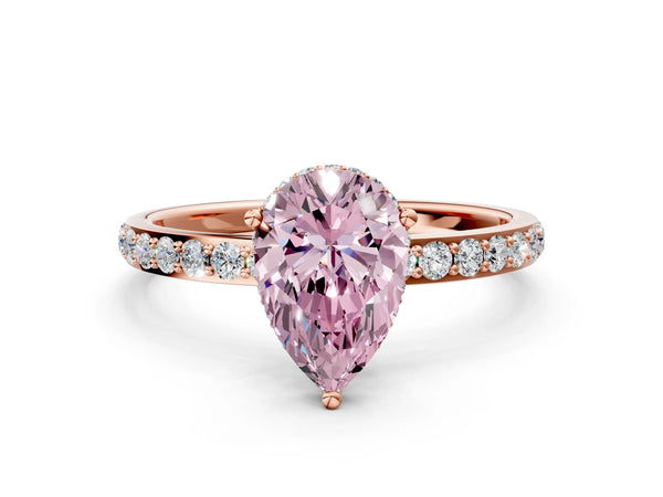 Rose gold Fancy Pink Pear Cut Diamond Solitaire Ring with Pavé Band and Hidden Halo