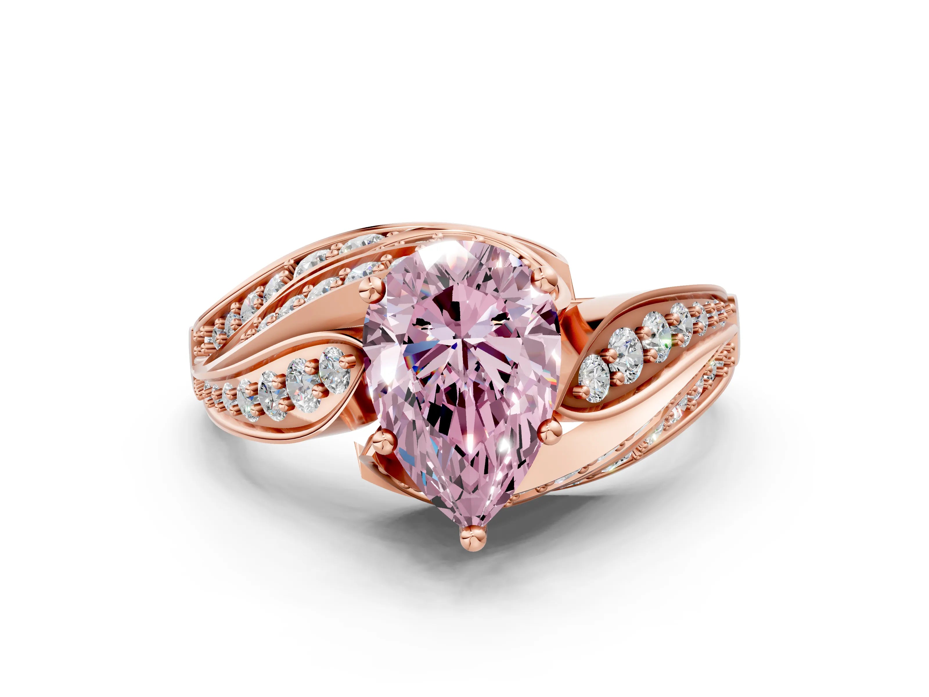 Rose gold Fancy Pink Pear Cut Diamond Solitaire Ring with Prong Setting and Twisted Pavé Band