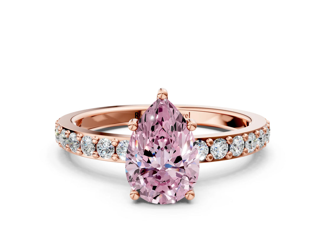 Rose gold Fancy Pink Pear  Cut Diamond Solitaire with Pave Band and Four-Prong Setting