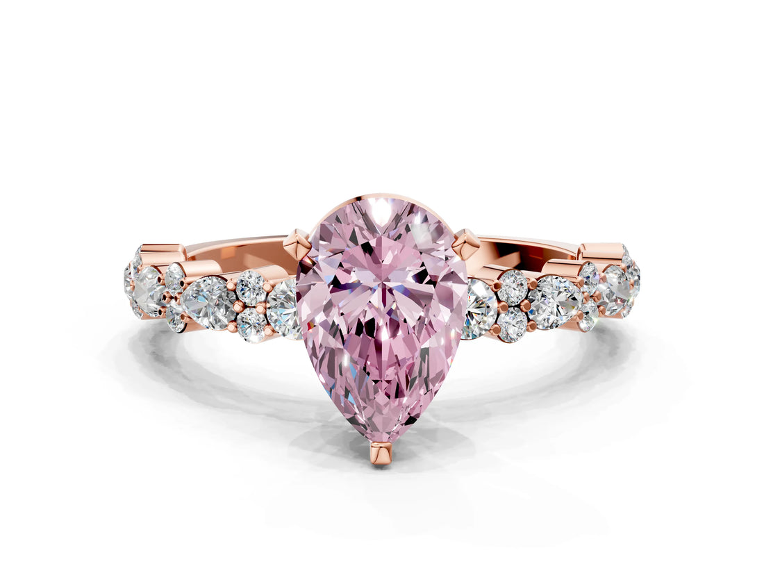Rose gold Fancy Pink Pear Cut Diamond Solitaire with Side Stones, Pave Band, Four-Prong Setting_102