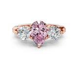 Rose gold Fancy Pink Pear Cut Diamond Three-Stone Ring with Prong Setting and Pavé Band