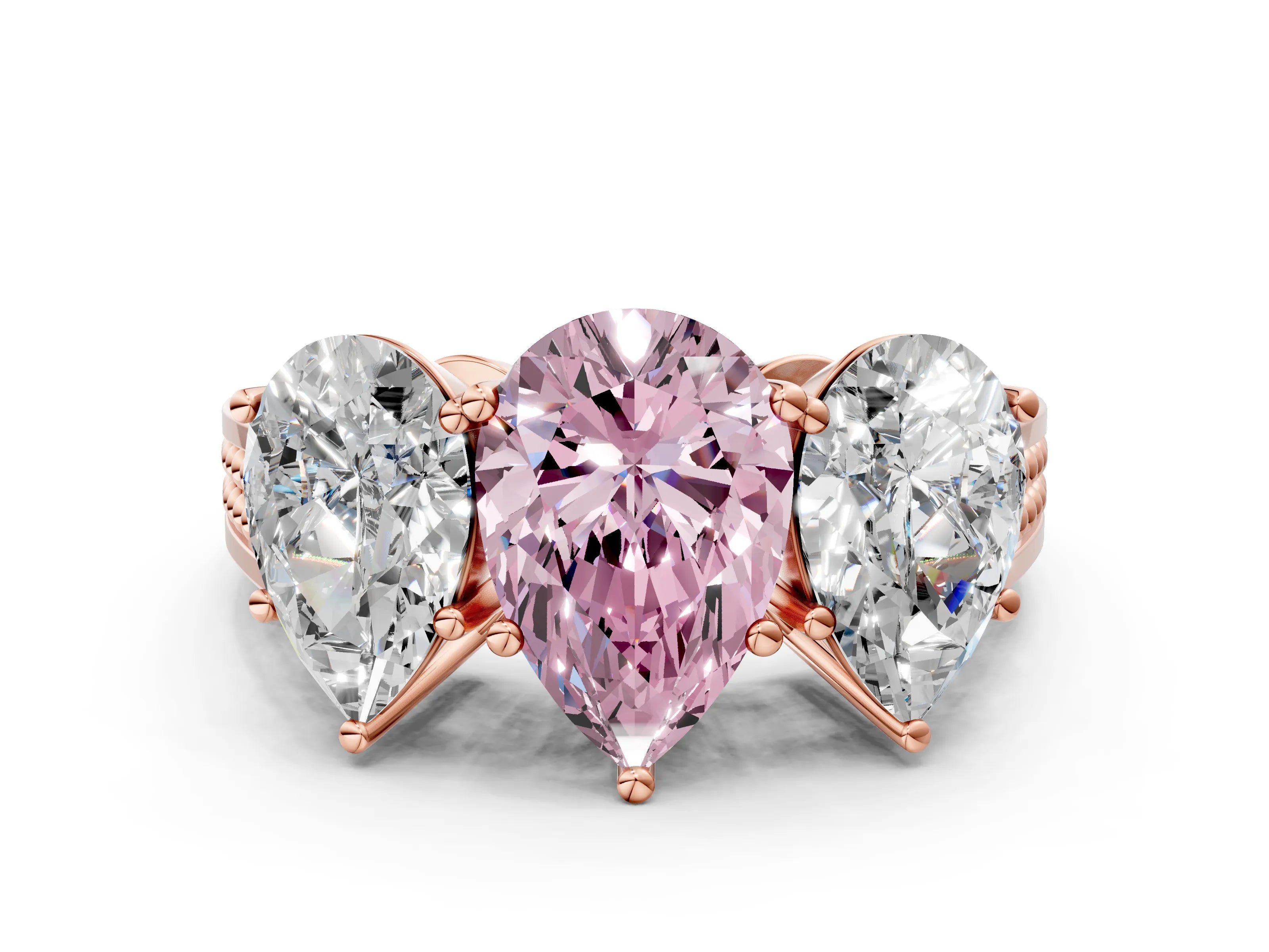 Rose gold Fancy Pink Pear Cut Diamond Three-Stone Ring with Prong Setting and Textured Band