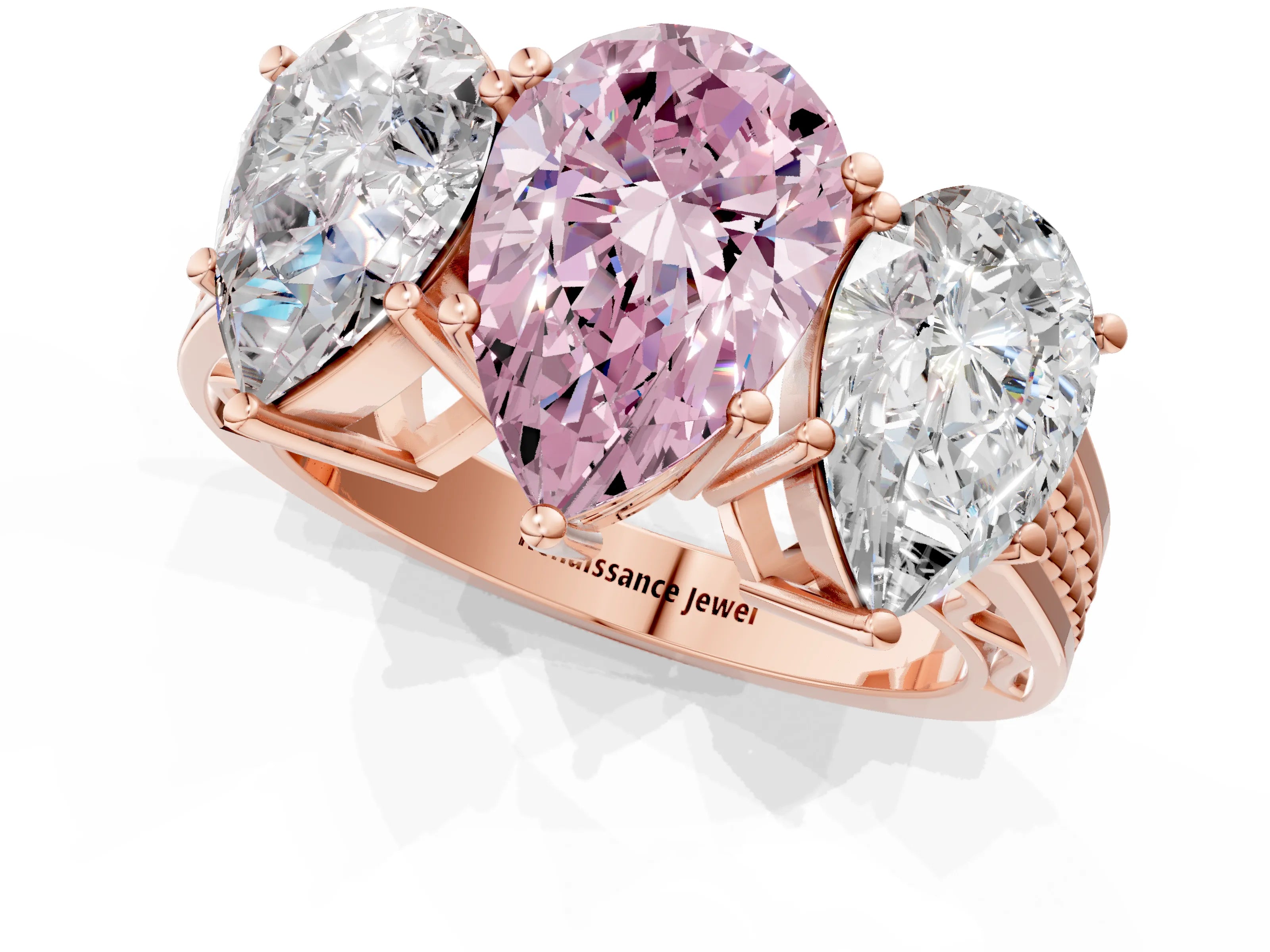 Rose gold Fancy Pink Pear Cut Diamond Three-Stone Ring with Prong Setting and Textured Band_1