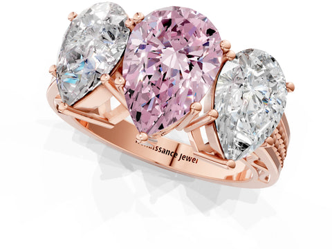 Rose gold Fancy Pink Pear Cut Diamond Three-Stone Ring with Prong Setting and Textured Band_1