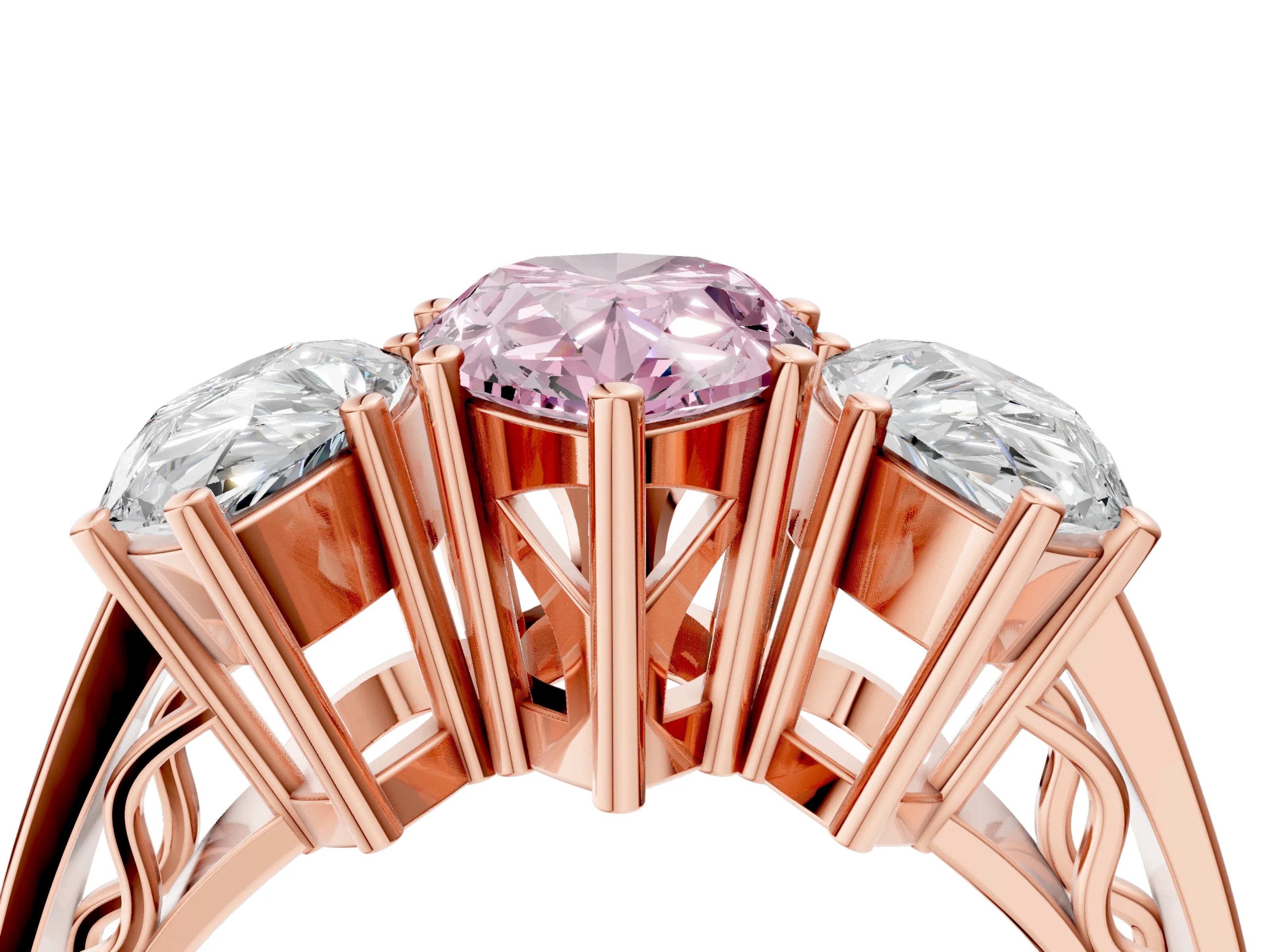 Rose gold Fancy Pink Pear Cut Diamond Three-Stone Ring with Prong Setting and Textured Band_4