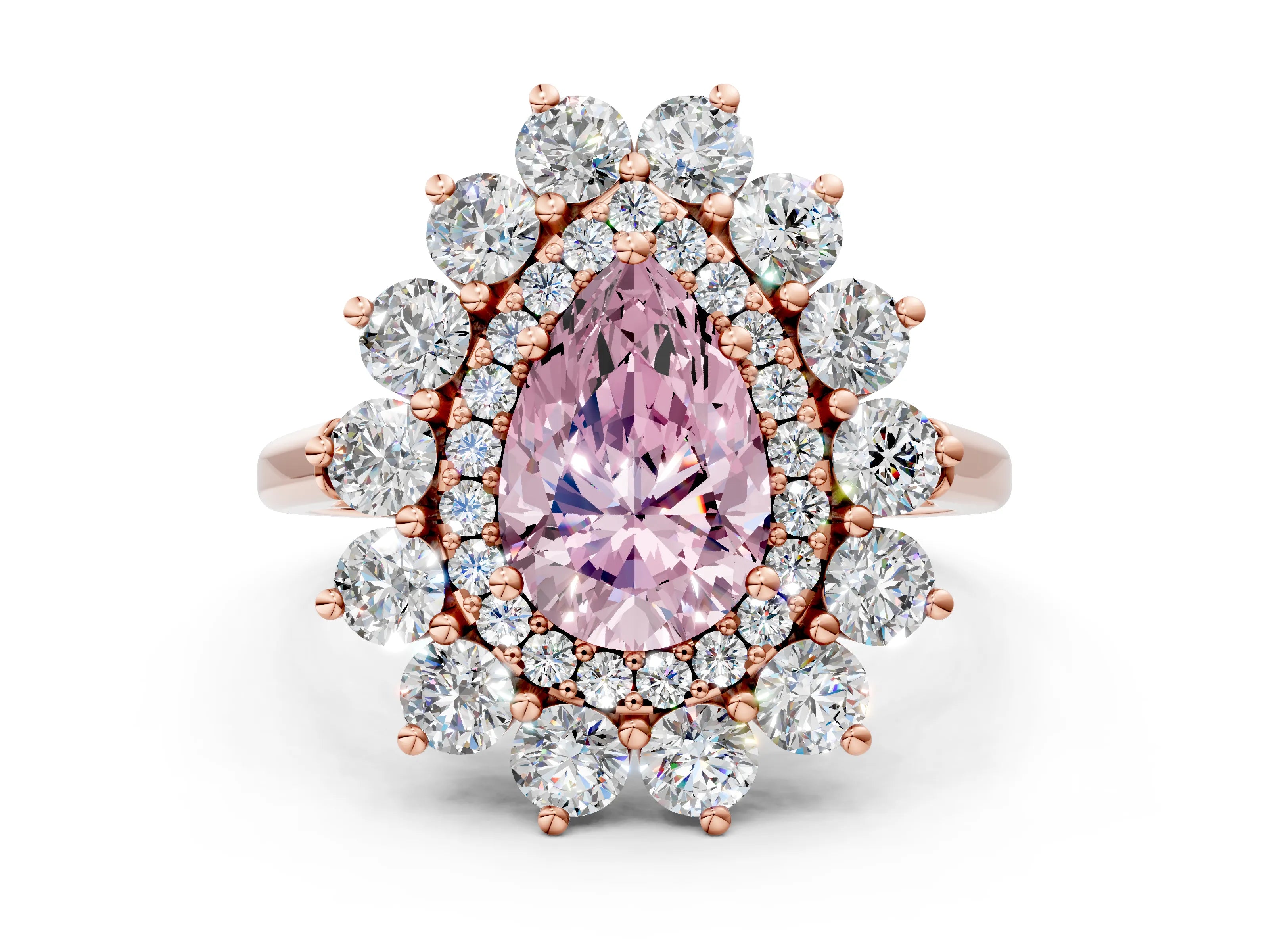 Rose gold Fancy Pink Pear Cut Halo Cluster Diamond Ring with Pave Band and Four-Prong Setting