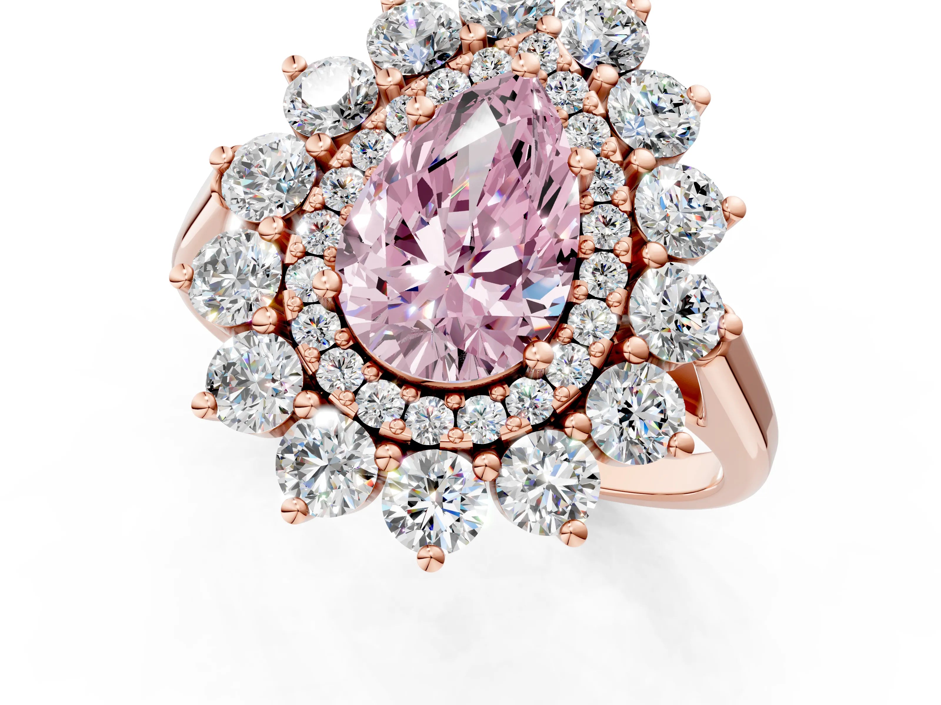 Rose gold Fancy Pink Pear Cut Halo Cluster Diamond Ring with Pave Band and Four-Prong Setting_1