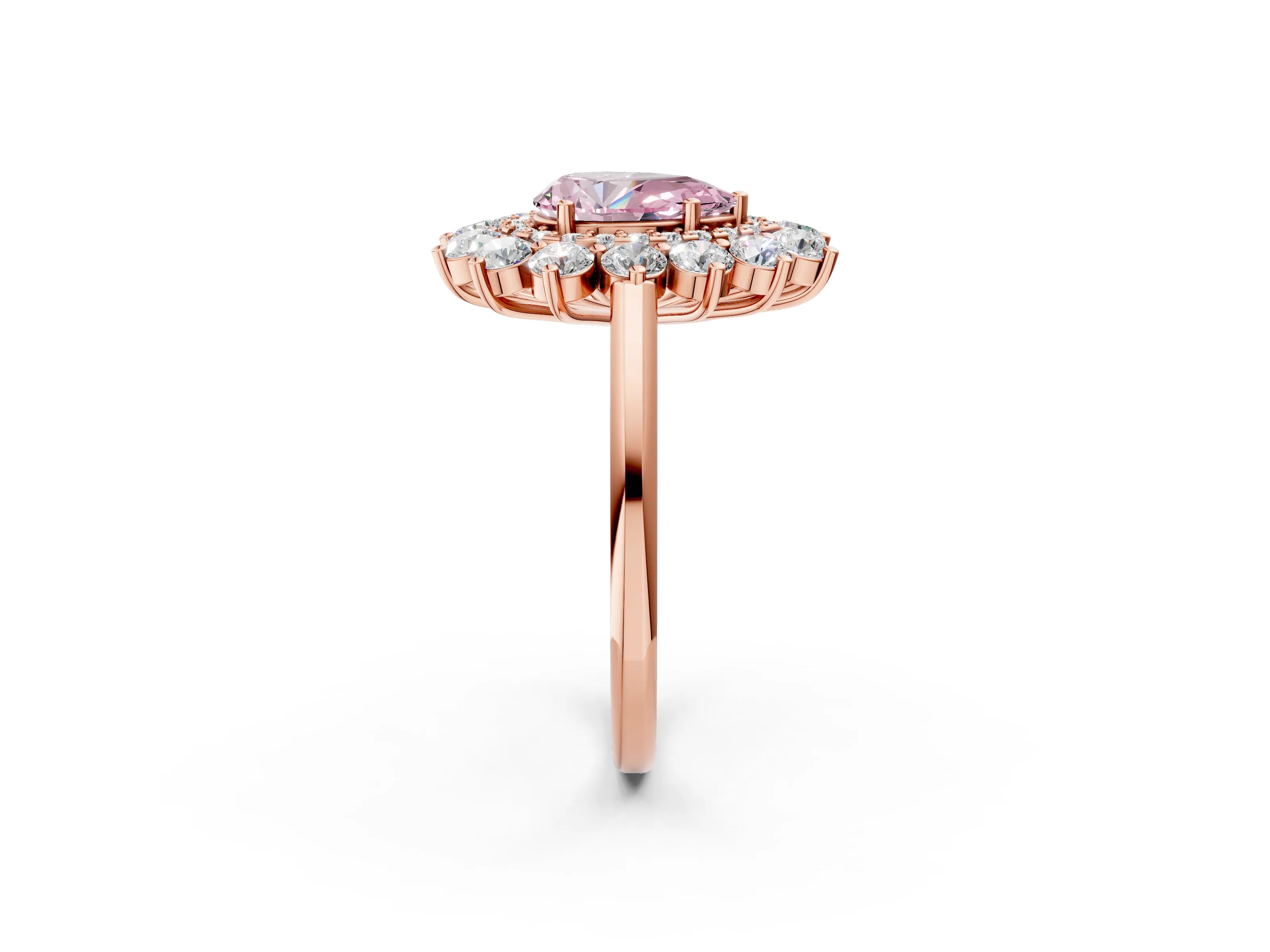 Rose gold Fancy Pink Pear Cut Halo Cluster Diamond Ring with Pave Band and Four-Prong Setting_2