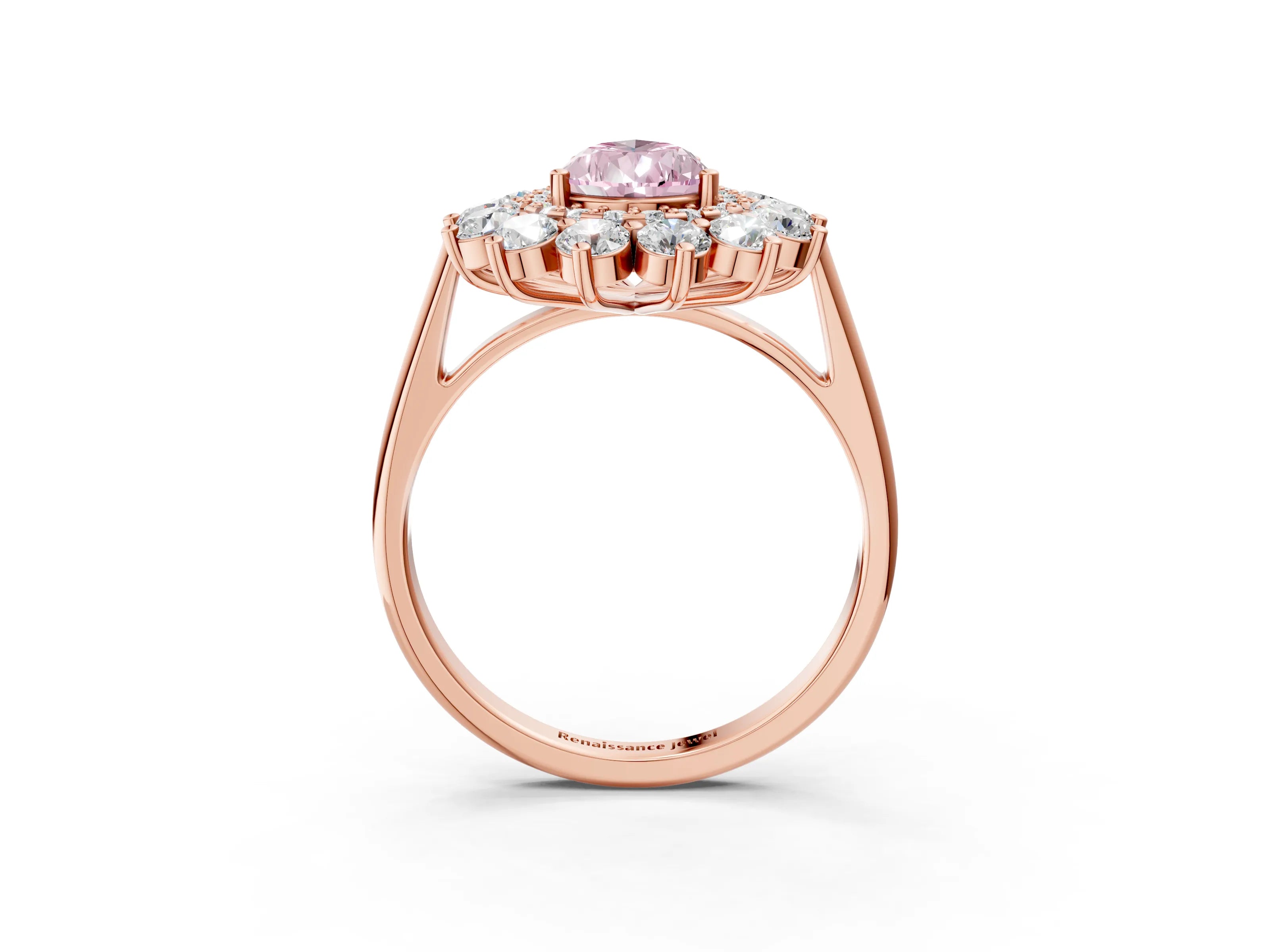 Rose gold Fancy Pink Pear Cut Halo Cluster Diamond Ring with Pave Band and Four-Prong Setting_3