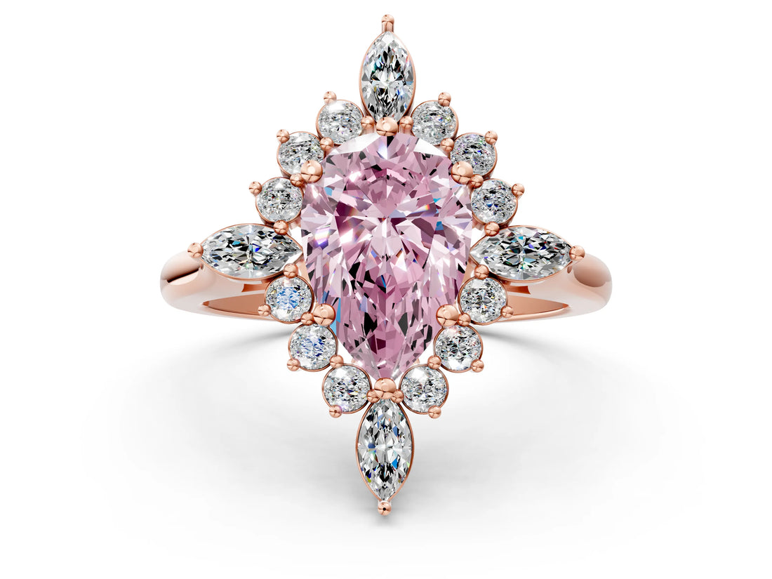 Rose gold Fancy Pink Pear Cut Halo Diamond Cluster Ring with Marquise and Round Stones on a White Gold Band with Prong Setting