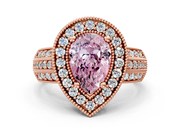 Rose gold Fancy Pink Pear Cut Halo Diamond Engagement Ring with Pave Split Shank and Four-Prong Setting