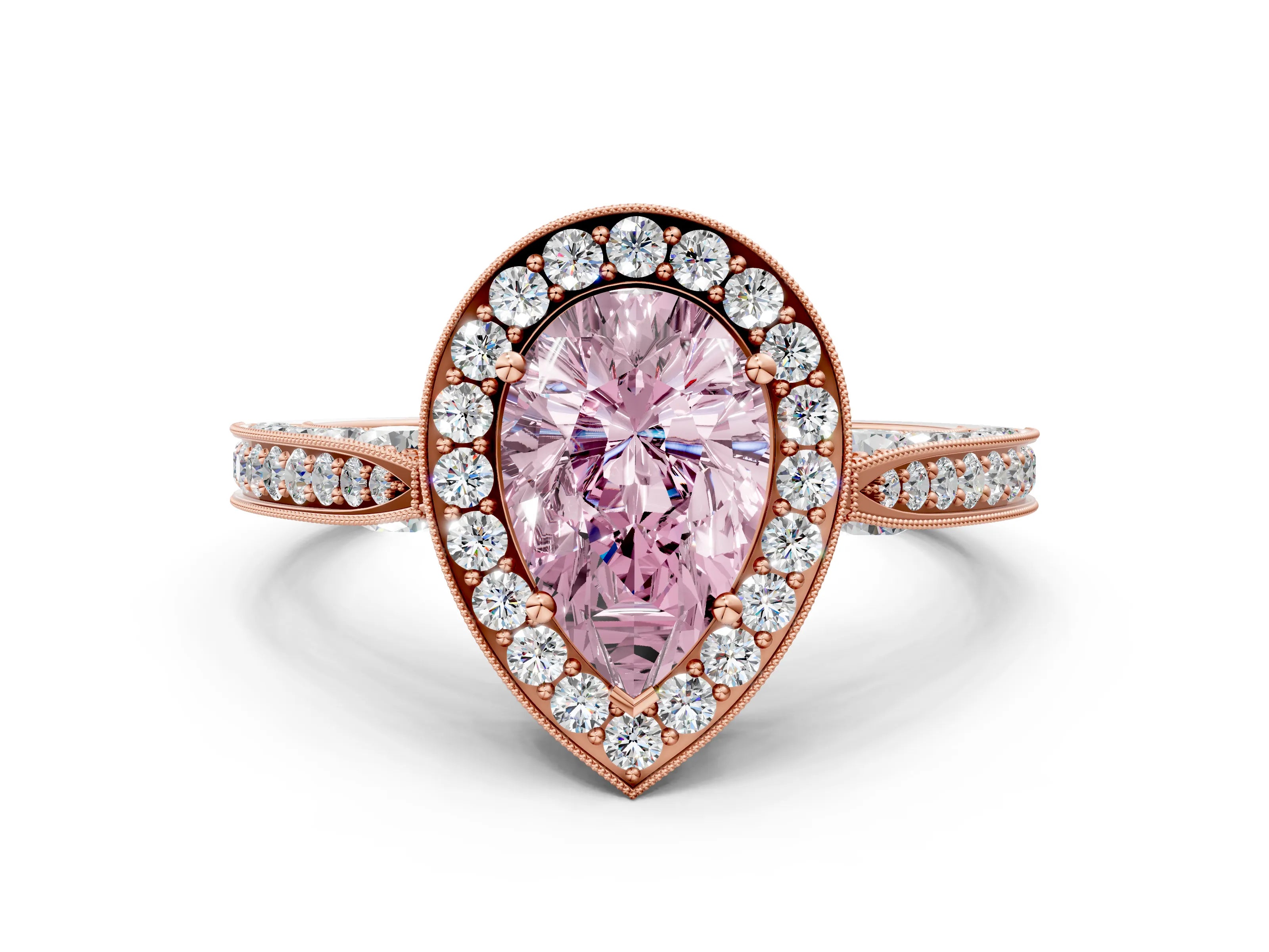 Rose gold Fancy Pink Pear Cut Halo Diamond Engagement Ring with Split Shank Band and Four-Prong Setting