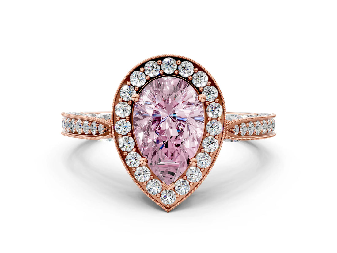 Rose gold Fancy Pink Pear Cut Halo Diamond Engagement Ring with Split Shank Band and Four-Prong Setting