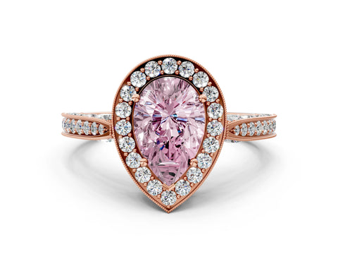Rose gold Fancy Pink Pear Cut Halo Diamond Engagement Ring with Split Shank Band and Four-Prong Setting