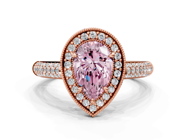 Rose gold Fancy Pink Pear  Cut Halo Diamond Pave Band with Four-Prong Setting