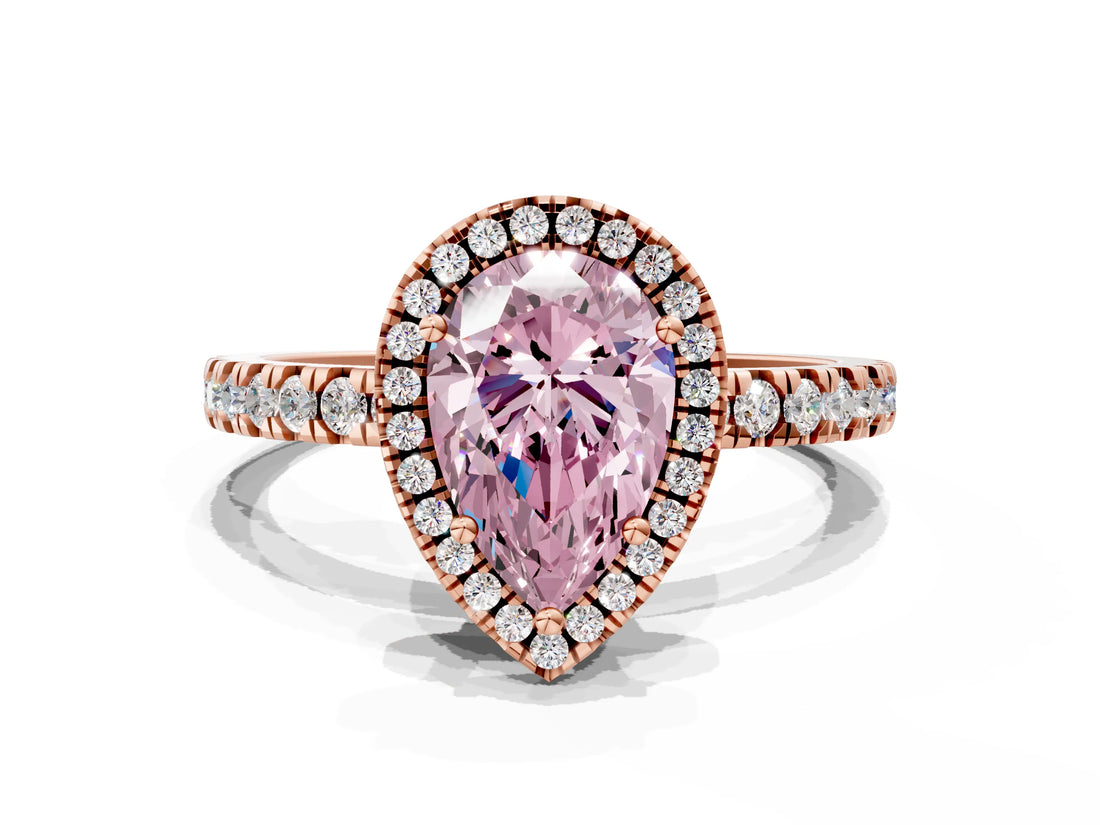 Rose gold Fancy Pink Pear Cut Halo Diamond Pave Band with Prong Setting
