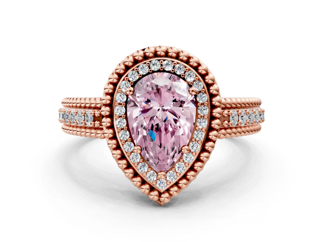 Rose gold Fancy Pink Pear Cut Halo Diamond Ring with Beaded Split Shank and Four-Prong Setting