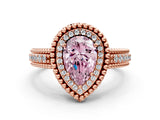 Rose gold Fancy Pink Pear Cut Halo Diamond Ring with Beaded Split Shank and Four-Prong Setting