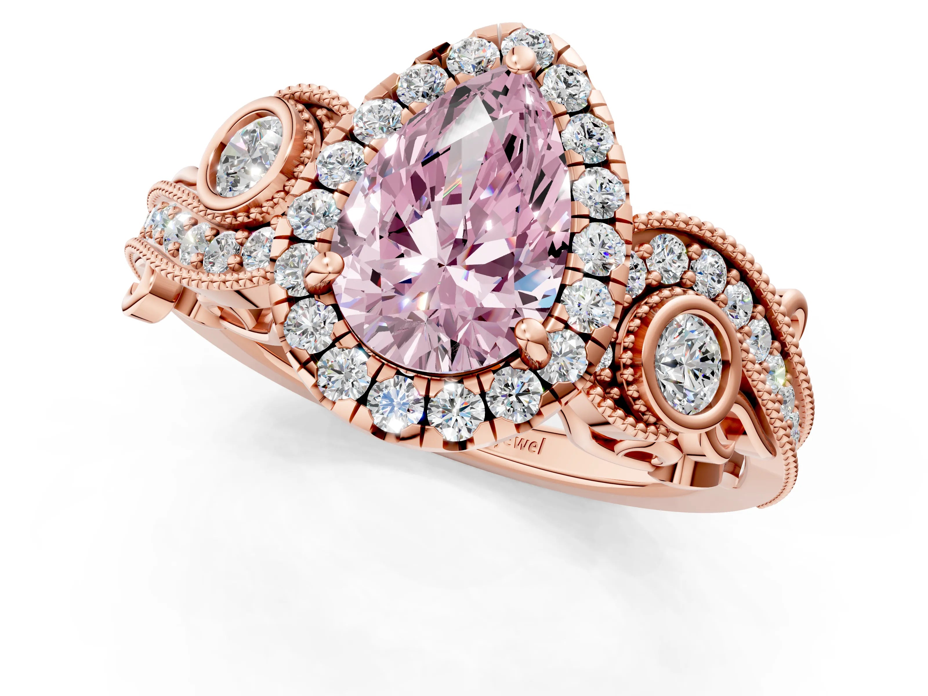 Rose gold Fancy Pink Pear Cut Halo Diamond Ring with Milgrain and Bezel Accents on a Split Shank Band_1
