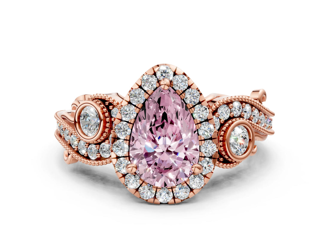 Rose gold Fancy Pink Pear Cut Halo Diamond Ring with Milgrain and Bezel Accents on a Split Shank Band_12
