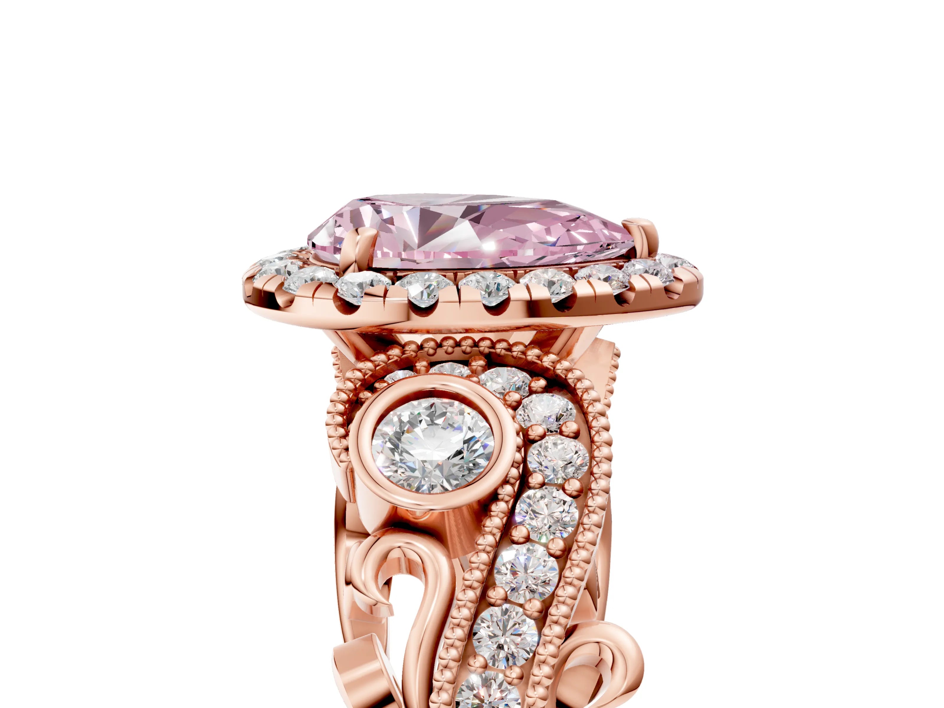 Rose gold Fancy Pink Pear Cut Halo Diamond Ring with Milgrain and Bezel Accents on a Split Shank Band_5