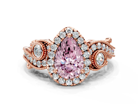 Rose gold Fancy Pink Pear Cut Halo Diamond Ring with Milgrain and Bezel Accents on a Split Shank Band
