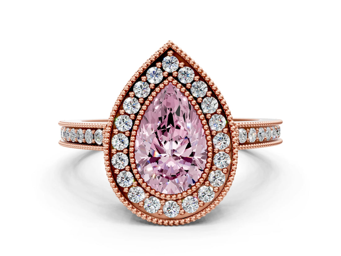 Rose gold Fancy Pink Pear  Cut Halo Diamond Ring with Pavé Band and Milgrain Prong Setting_32