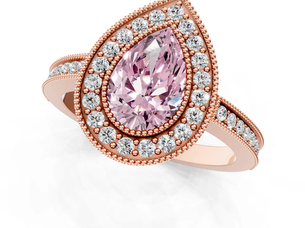 Rose gold Fancy Pink Pear  Cut Halo Diamond Ring with Pavé Band and Milgrain Prong Setting