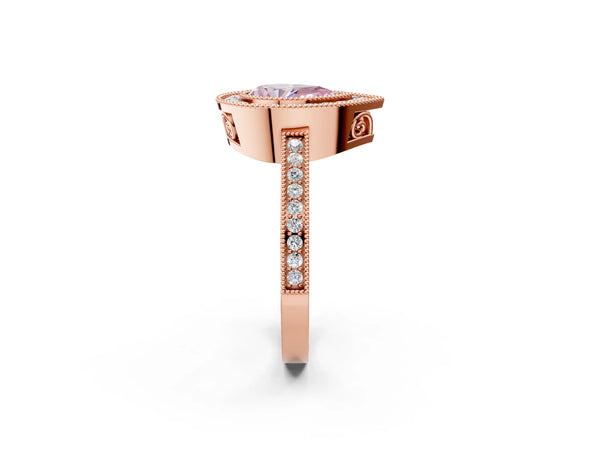 Rose gold Fancy Pink Pear  Cut Halo Diamond Ring with Pavé Band and Milgrain Prong Setting