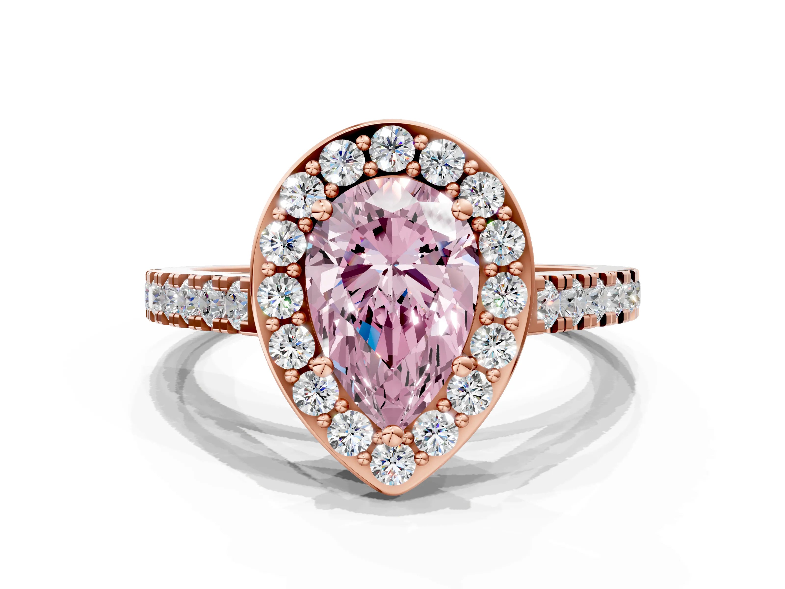 Rose gold Fancy Pink Pear Cut Halo Diamond Ring with Pavé Band and Three-Prong Setting