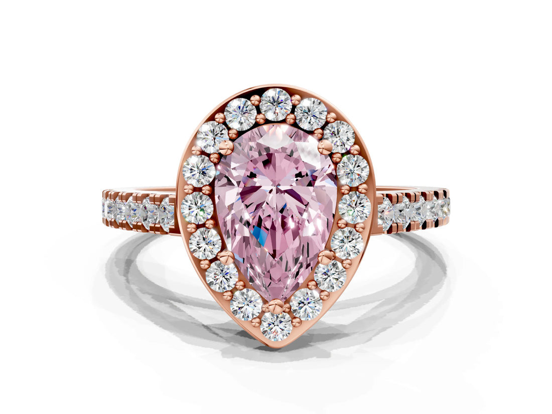 Rose gold Fancy Pink Pear Cut Halo Diamond Ring with Pavé Band and Three-Prong Setting