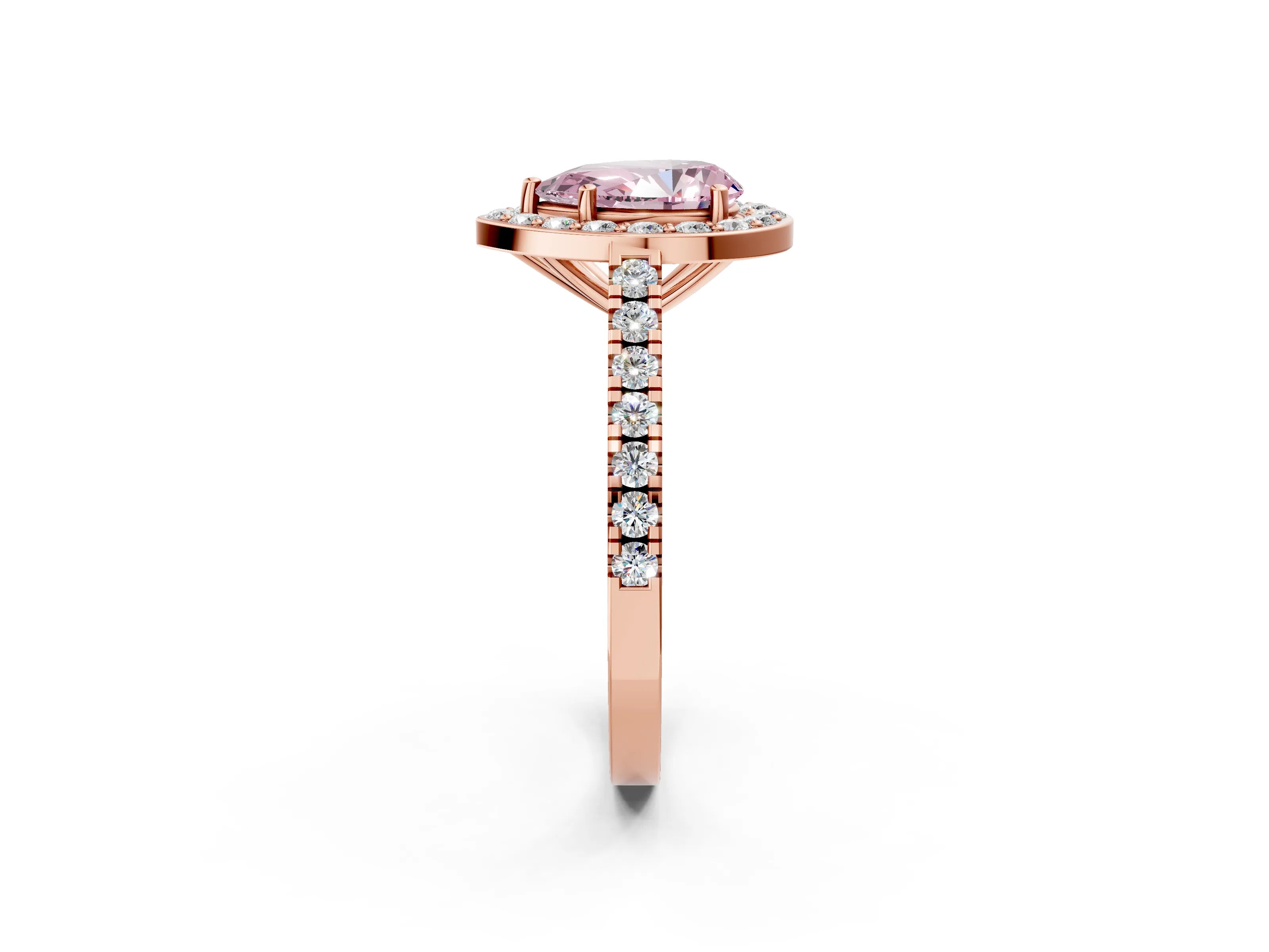 Rose gold Fancy Pink Pear Cut Halo Diamond Ring with Pavé Band and Three-Prong Setting_2