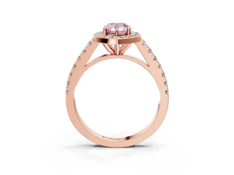 Rose gold Fancy Pink Pear Cut Halo Diamond Ring with Pavé Band and Three-Prong Setting_3