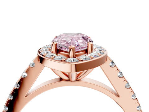 Rose gold Fancy Pink Pear Cut Halo Diamond Ring with Pavé Band and Three-Prong Setting_4