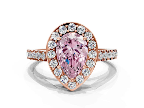 Rose gold Fancy Pink Pear Cut Halo Diamond Ring with Pavé Band and Three-Prong Setting