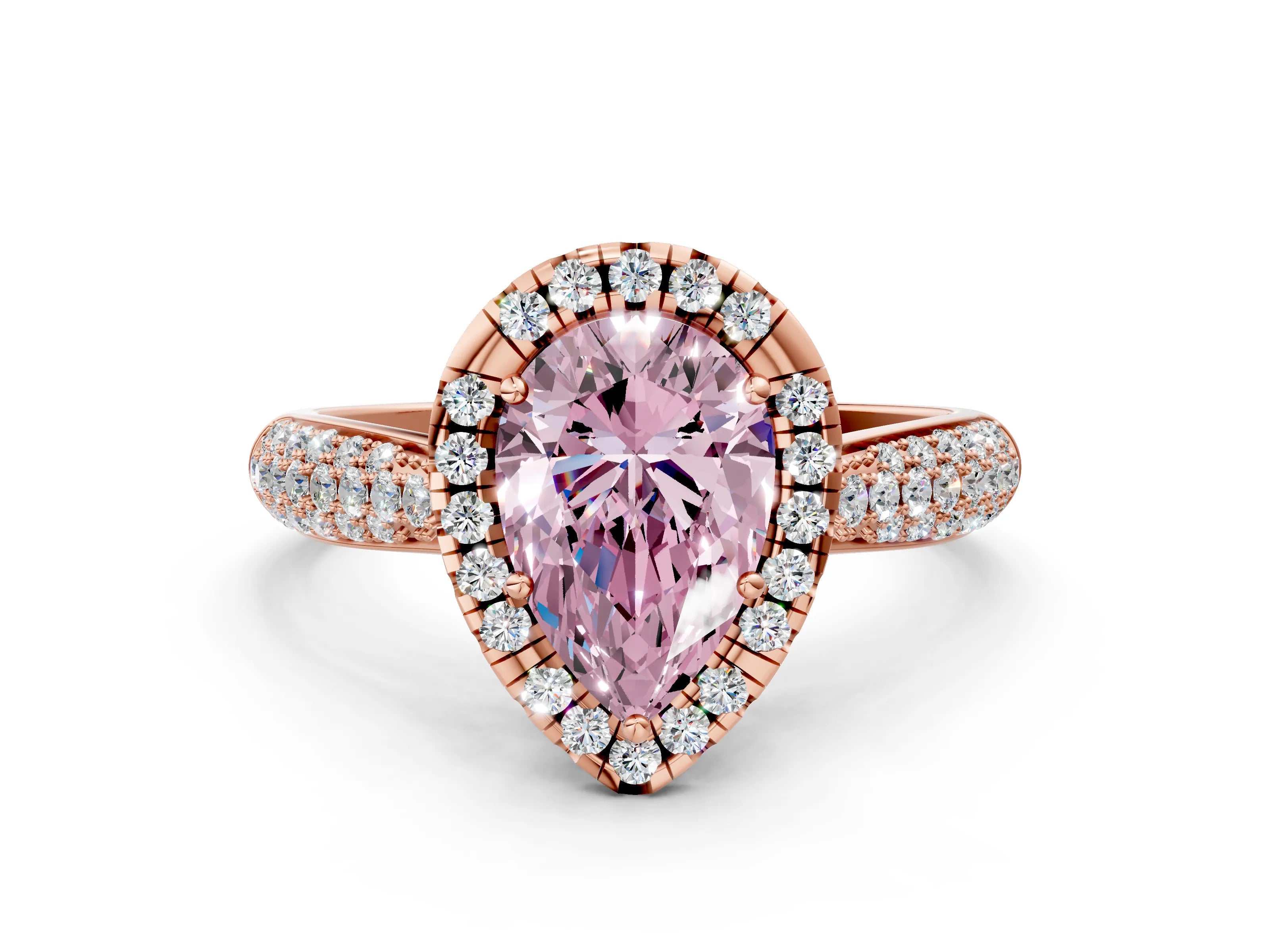 Rose gold Fancy Pink Pear Cut Halo Diamond Ring with Pavé Band