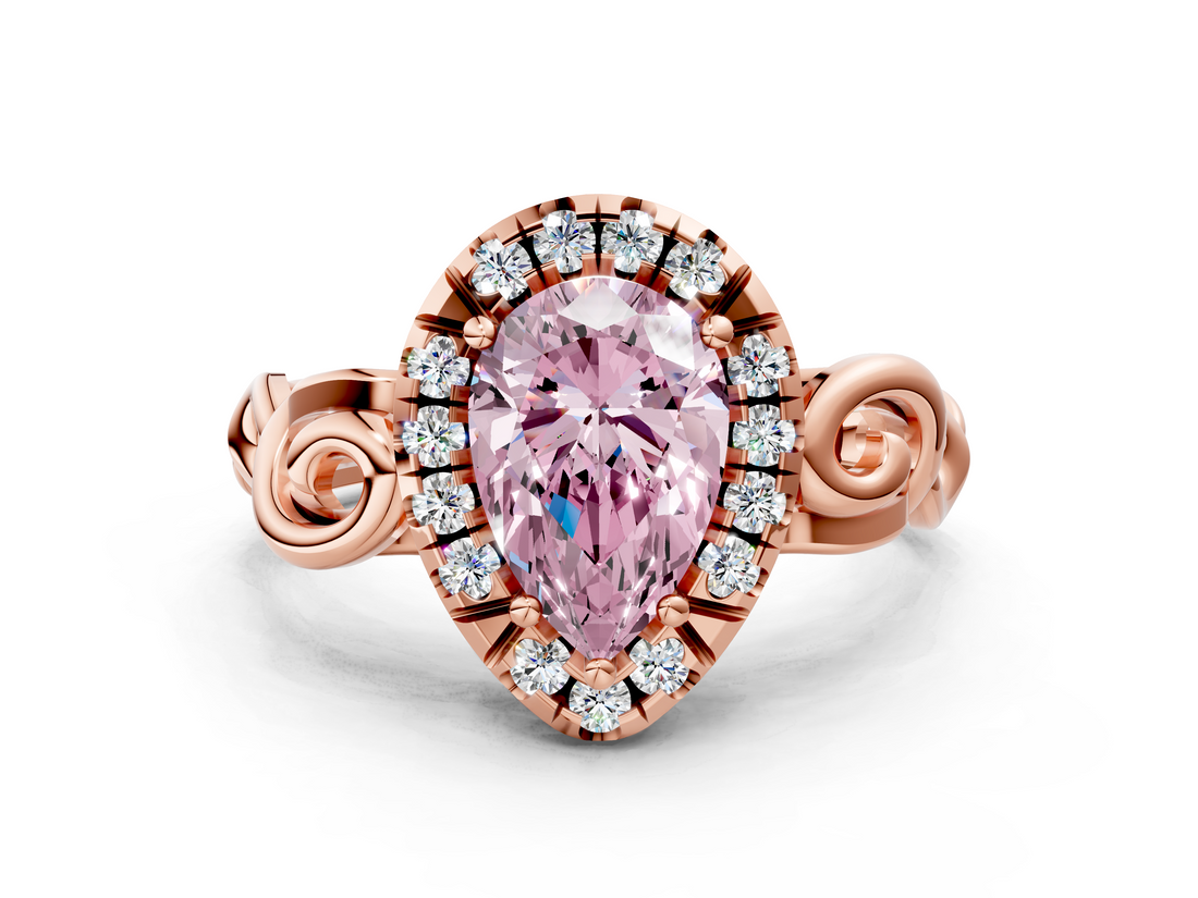 Rose gold Fancy Pink Pear  Cut Halo Diamond Ring with Scrollwork Band and Four-Prong Setting_126